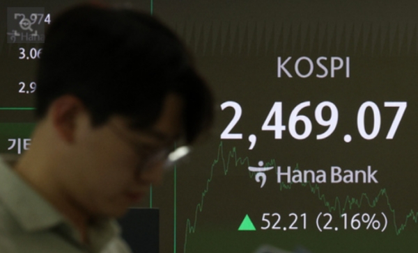 코스피가 18일 전 거래일보다 2.16% 상승한 2469.07에 거래를 마쳤다. 이날 장 마감 후 서울시 중구 하나은행 본점 딜링룸에서 딜러가 업무를 수행하고 있다. © 뉴시스